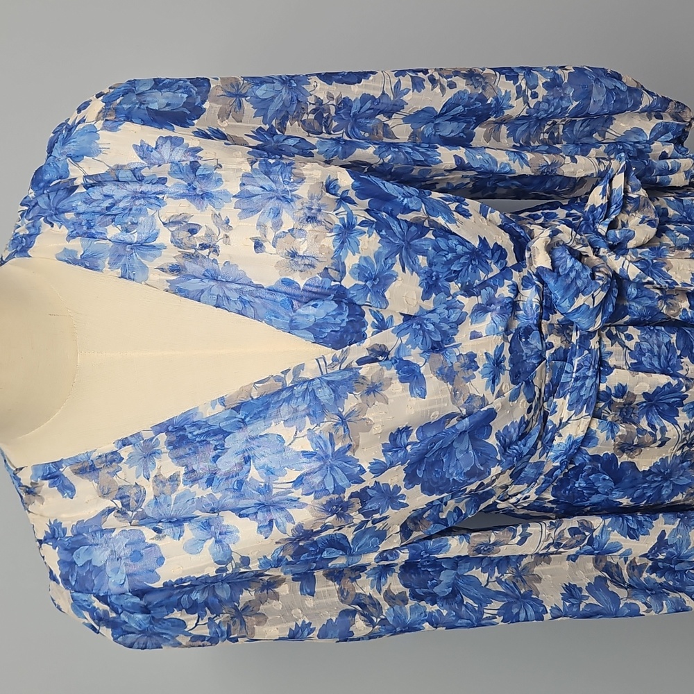Alex Marie Sheer Long Sleeve Faux Wrap V-neck Ruffled Dress:Cobalt Print:Size- 6